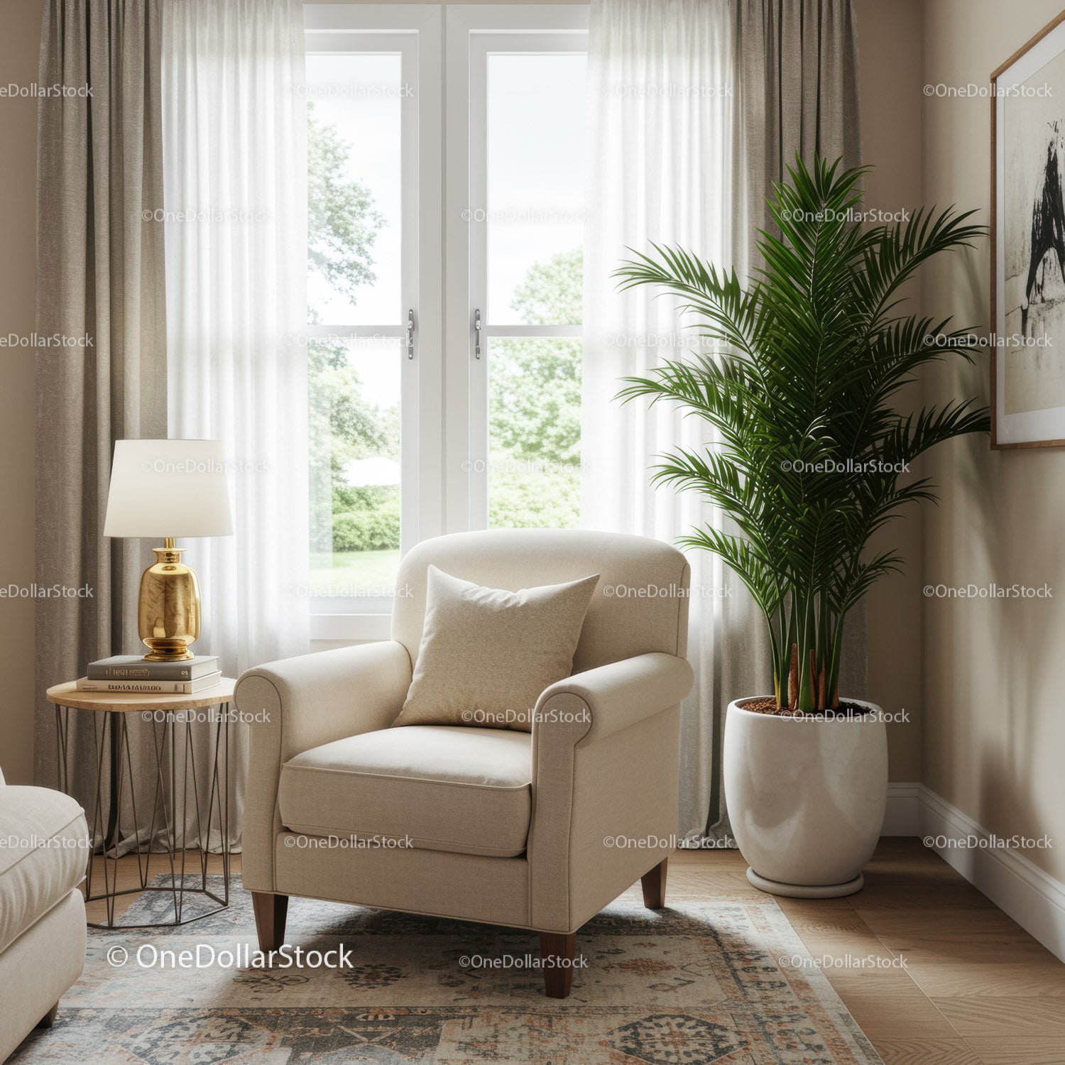 Contemporary Living Room with Beige Armchair and Lush Indoor Plant