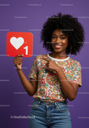 Beautiful Young Woman Holding Social Media Love Icon Sign with Bright Purple Background