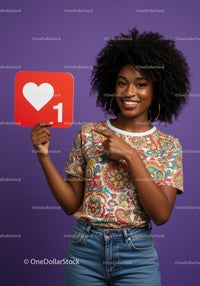 Beautiful Young Woman Holding Social Media Love Icon Sign with Bright Purple Background