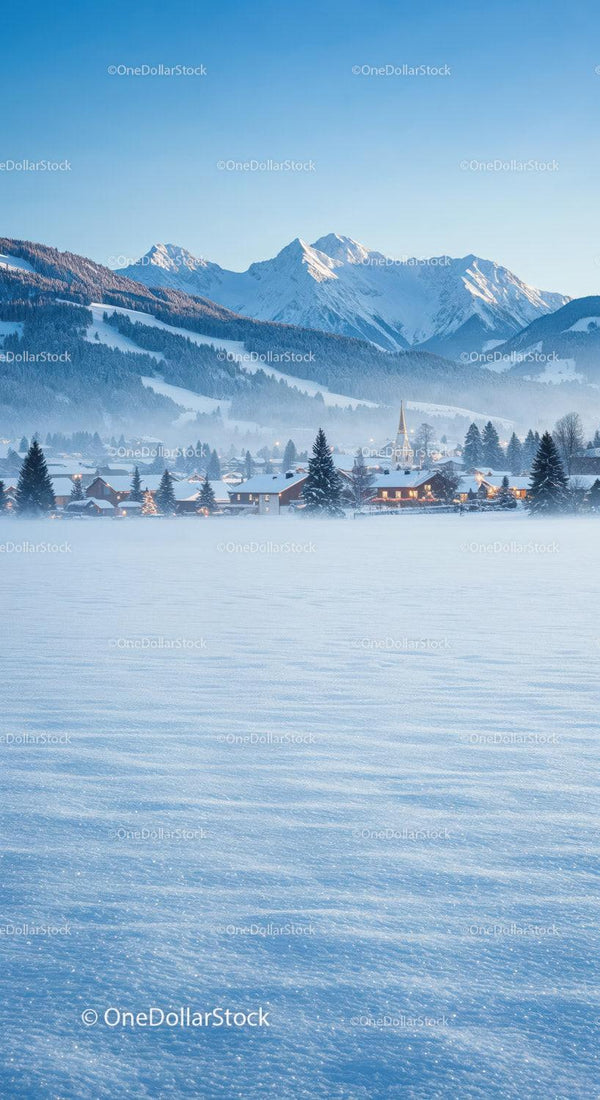 Winter village nestled beneath snowy mountain peaks