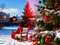 Snowy Christmas backyard with decorated tree and bench