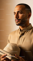 Elegant Man in Beige Shirt Holding Hat with Confident Expression