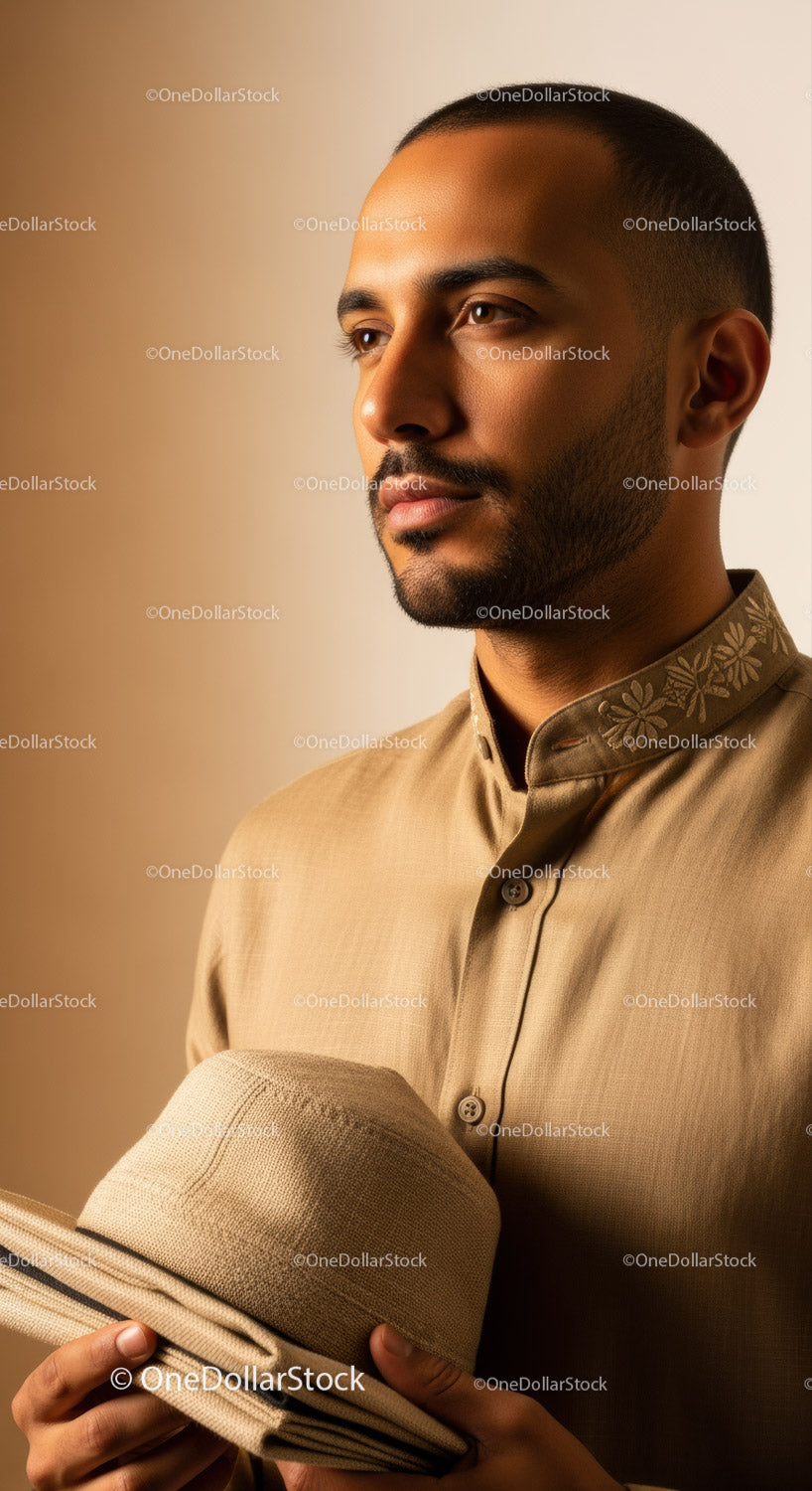 Elegant Man in Beige Shirt Holding Hat with Confident Expression