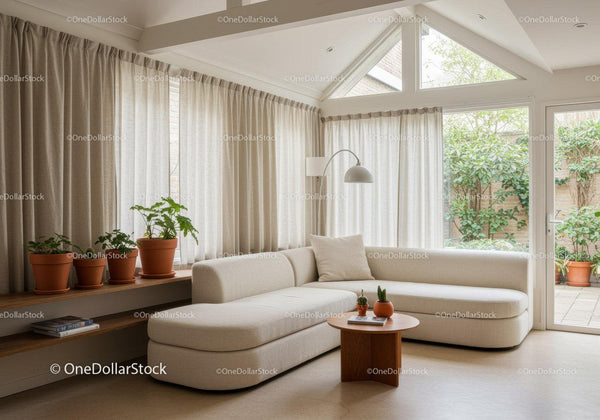 Minimalist living room with cozy beige sectional sofa