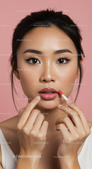 Close-Up of a Woman Applying Lip Gloss with Flawless Skin and Pink Background