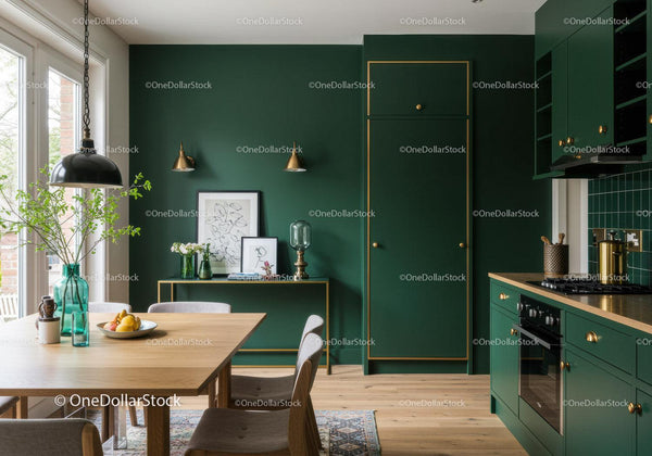 Modern Kitchen with Green Cabinets and Wooden Dining Table