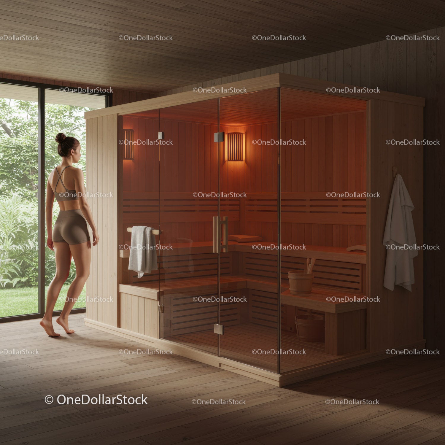 Luksusowa drewniana sauna z przytulnym oświetleniem i nowoczesnym designem