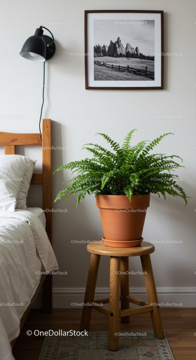 Indoor Houseplant Fern on Wooden Stool in Cozy Bedroom