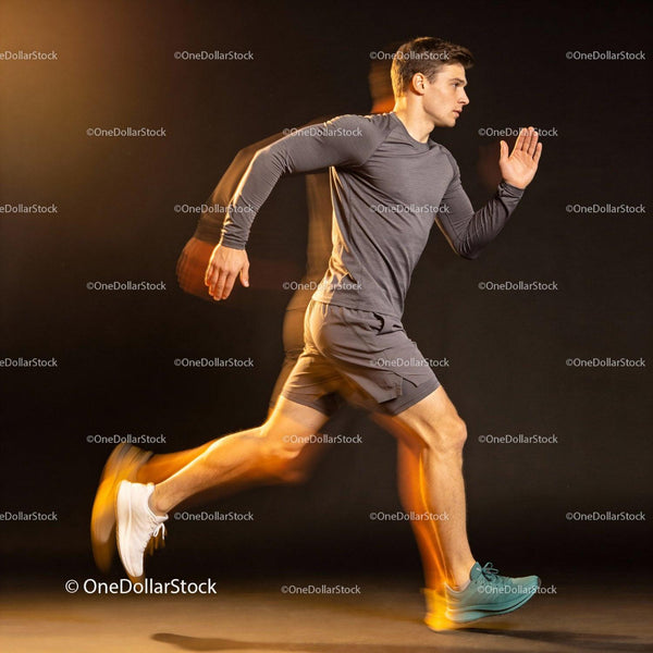 Focused young man sprinting in athletic wear indoors