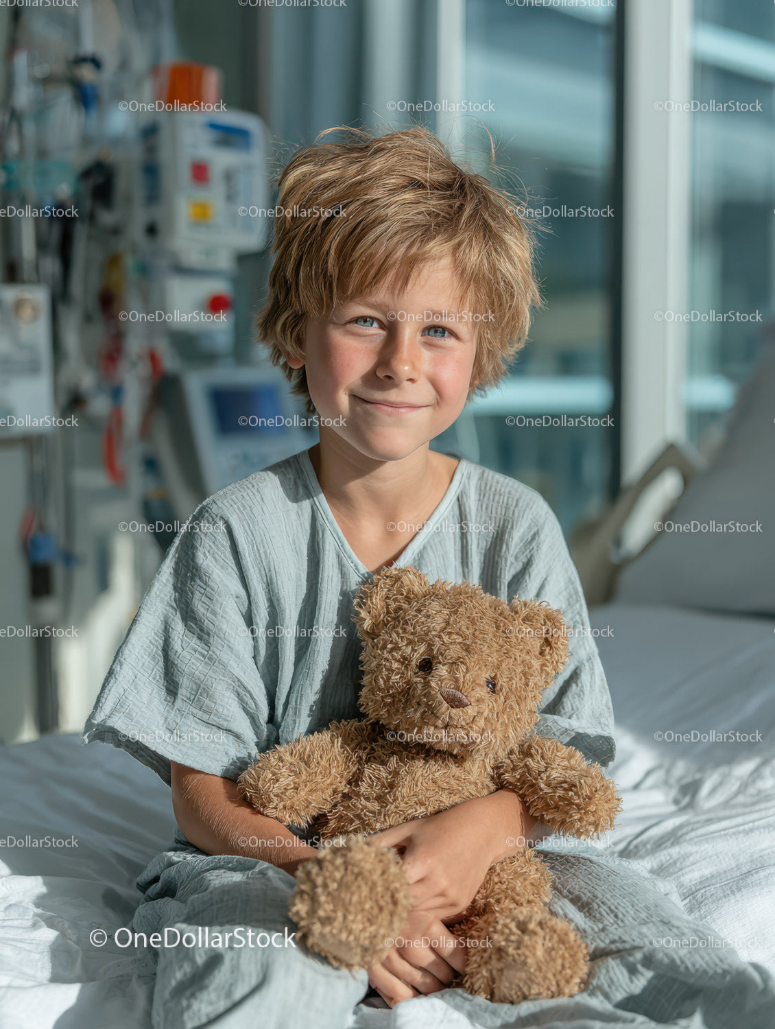 Happy Child with Teddy Bear Sitting on Hospital Bed with Medical Equipment