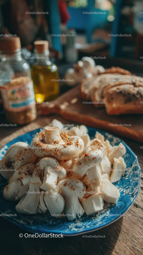 Fresh White Mushrooms on a Rustic Kitchen Table with Baked Bread