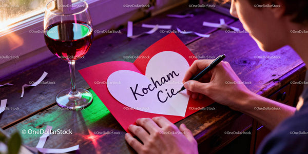 Man writing a love note on a heart-shaped card