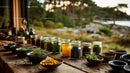 Herbal Tea Jars and Spice Bowls on Rustic Outdoor Wooden Table