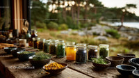 Herbal Tea Jars and Spice Bowls on Rustic Outdoor Wooden Table