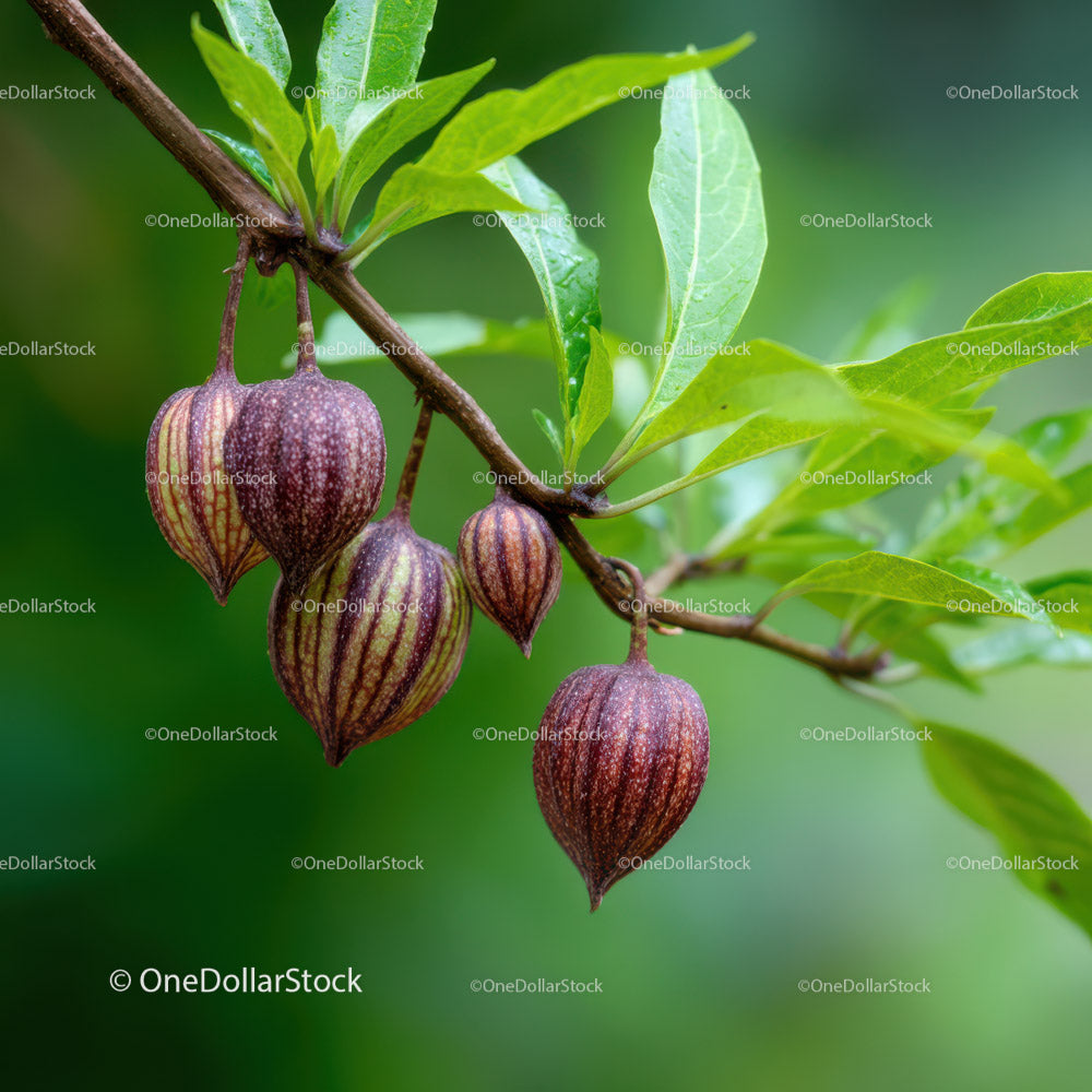 Exotic Striped Fruits on Branch with Lush Green Leaves