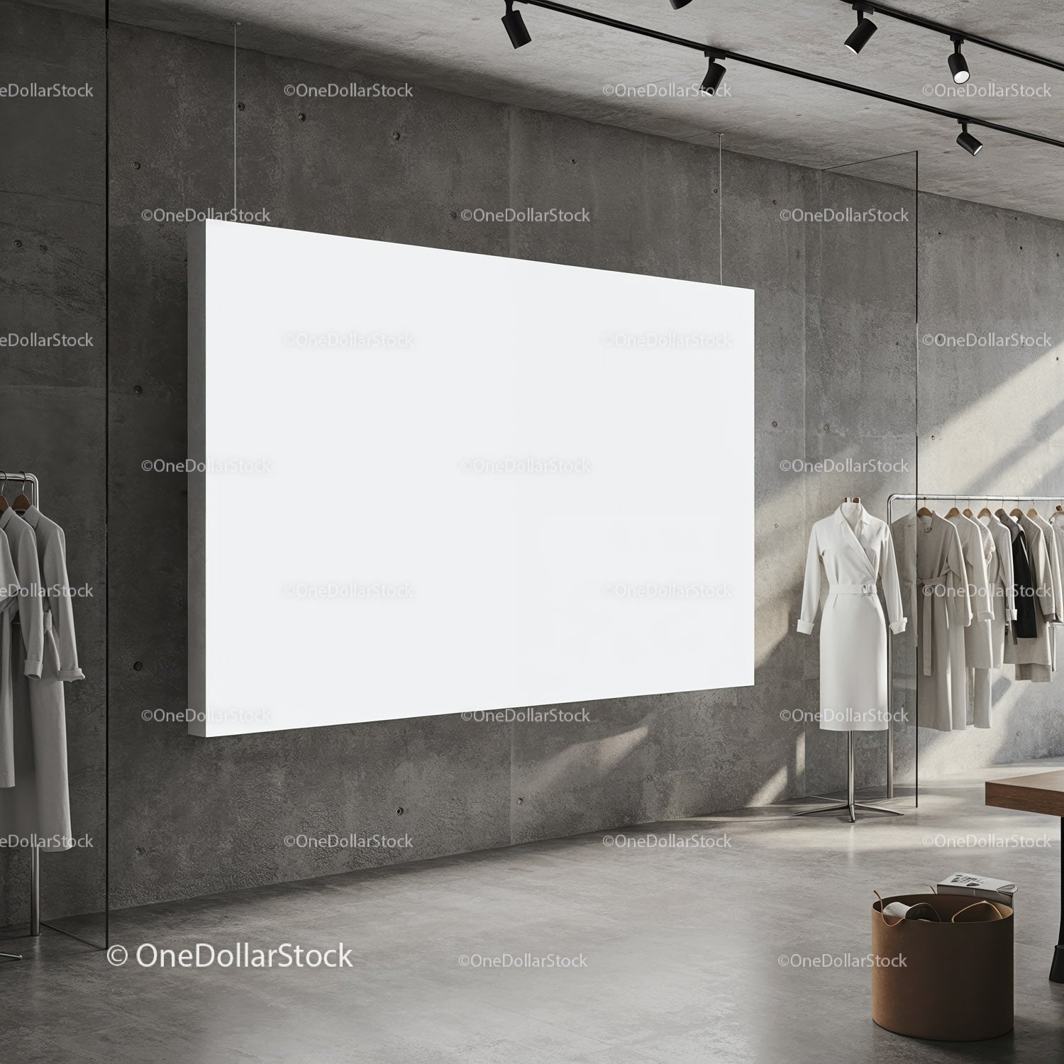 Minimalist fashion boutique interior with blank display