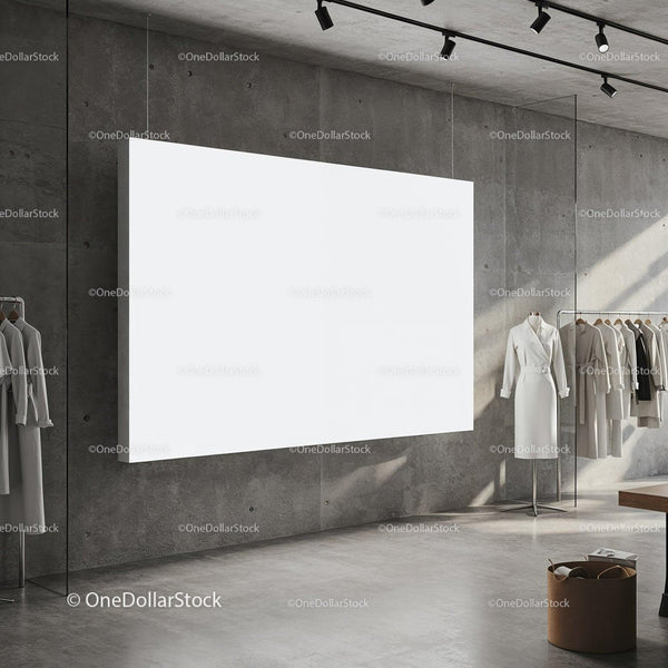 Minimalist fashion boutique interior with blank display JPG Mockup Image