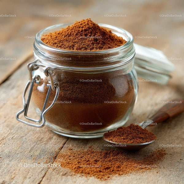 Ground Coffee Powder in Glass Jar on Rustic Wooden Surface