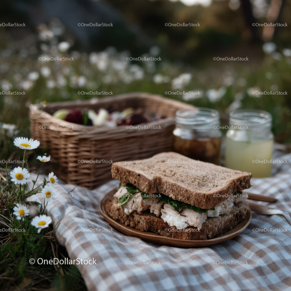 Fresh Sandwich on Rustic Picnic Blanket with Flowers in Garden