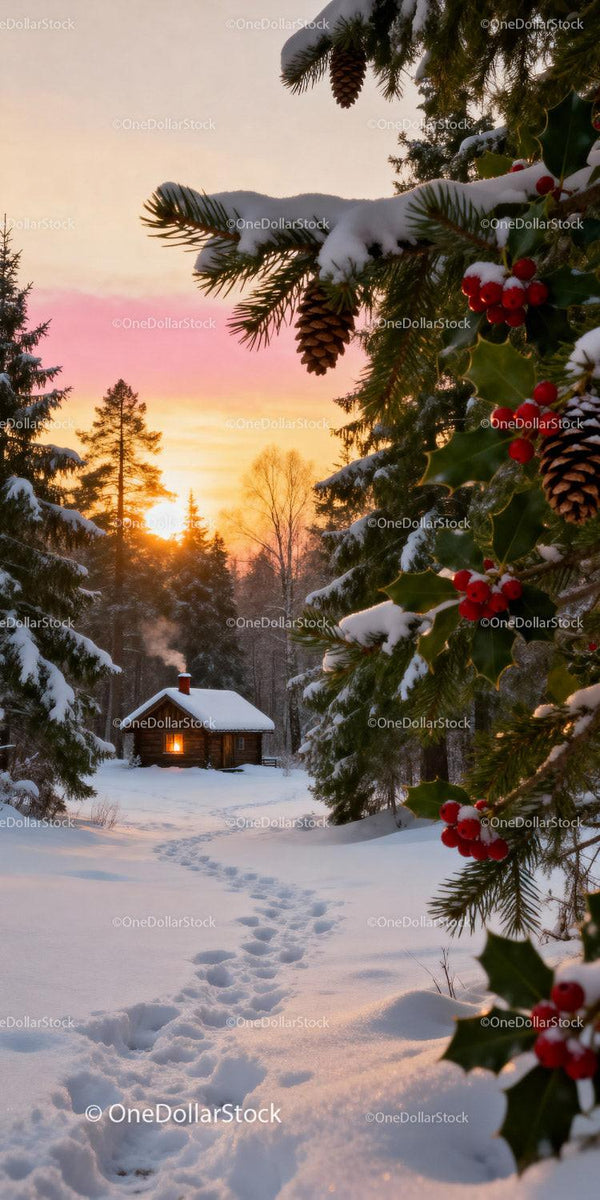 Cozy winter cabin with snowy forest and vibrant holly berries