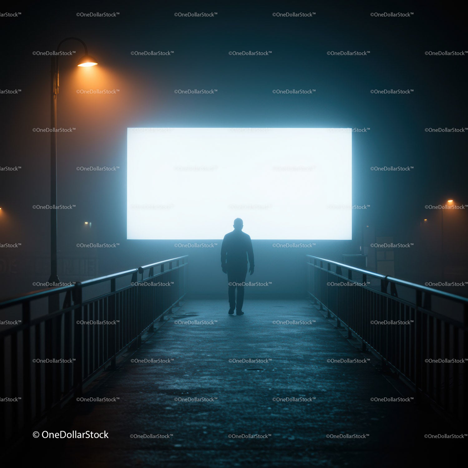Sylwetka mężczyzny idącego w nocy w kierunku świecącego billboardu