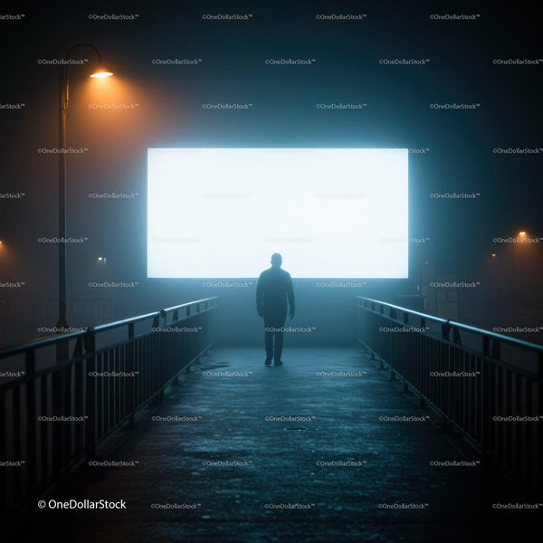 Silhouette of man walking toward glowing billboard at night JPG Mockup Image