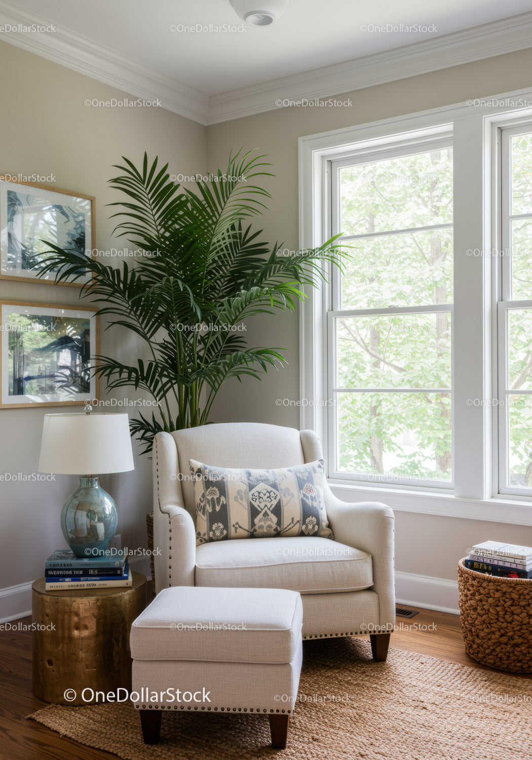 Elegant Living Room with Beige Armchair and Large Indoor Plant