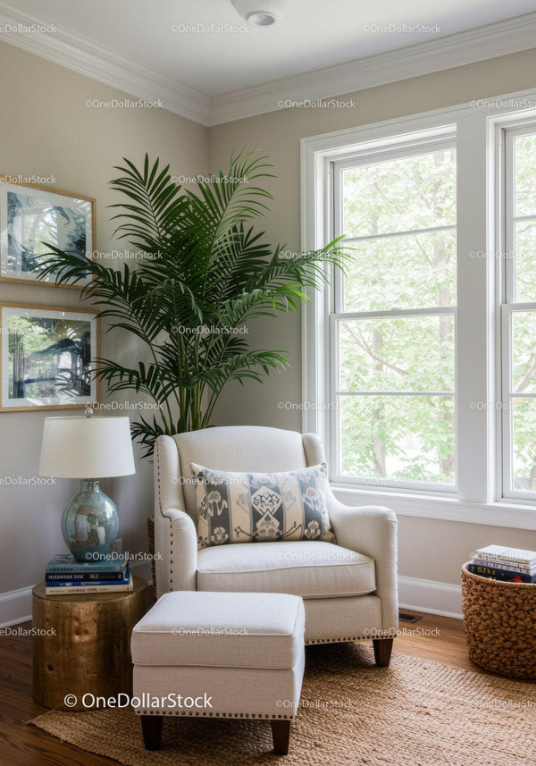 Elegant Living Room with Beige Armchair and Large Indoor Plant
