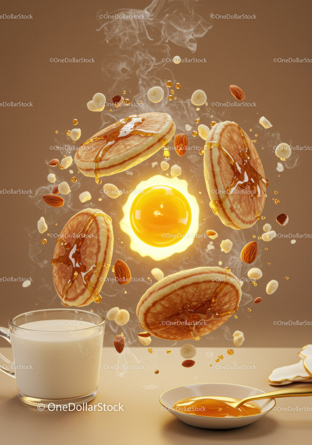 Floating pancakes with honey nuts and glass of milk