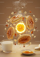 Floating pancakes with honey nuts and glass of milk