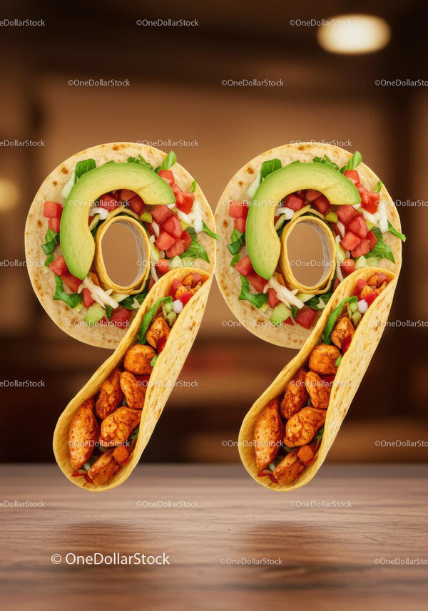 Creative tacos shaped as percentage sign with fresh toppings