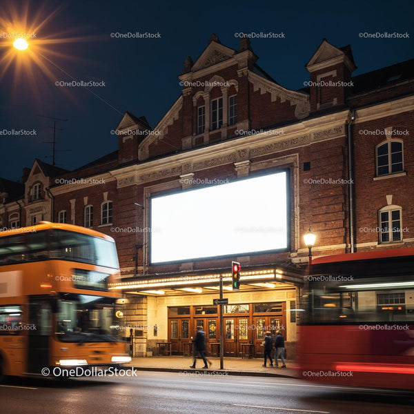 Historic Theater Facade with Blurred City Buses at Night JPG Mockup Image
