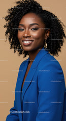 Confident Young Woman in Blue Blazer with Curly Hair Professional Portrait