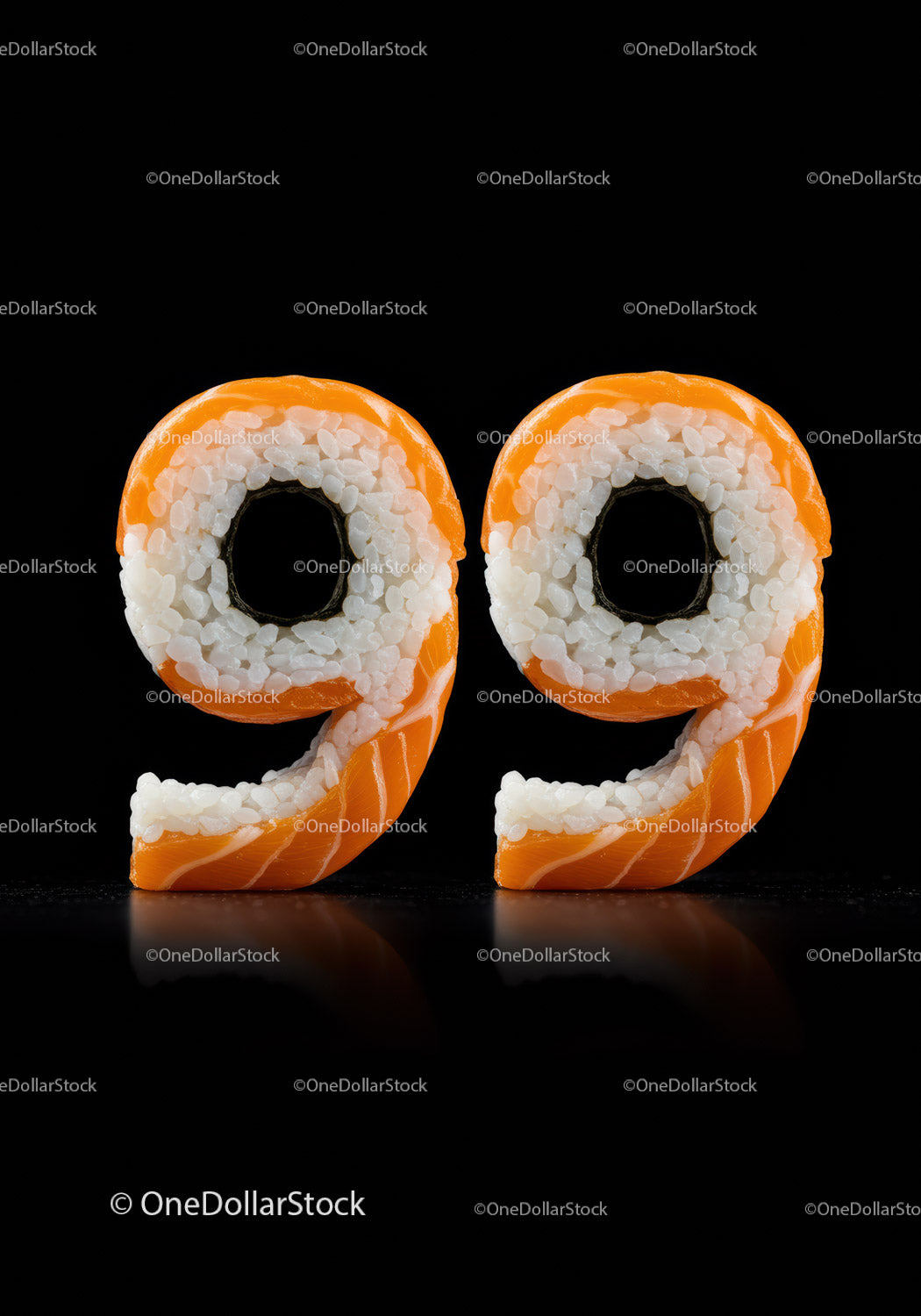 Number ninety nine formed with sushi rolls on black background