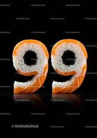 Number ninety nine formed with sushi rolls on black background