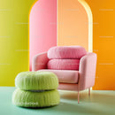 Bright Pink Armchair with Lime Green Cushion and Yellow Ottoman in Modern Living Room