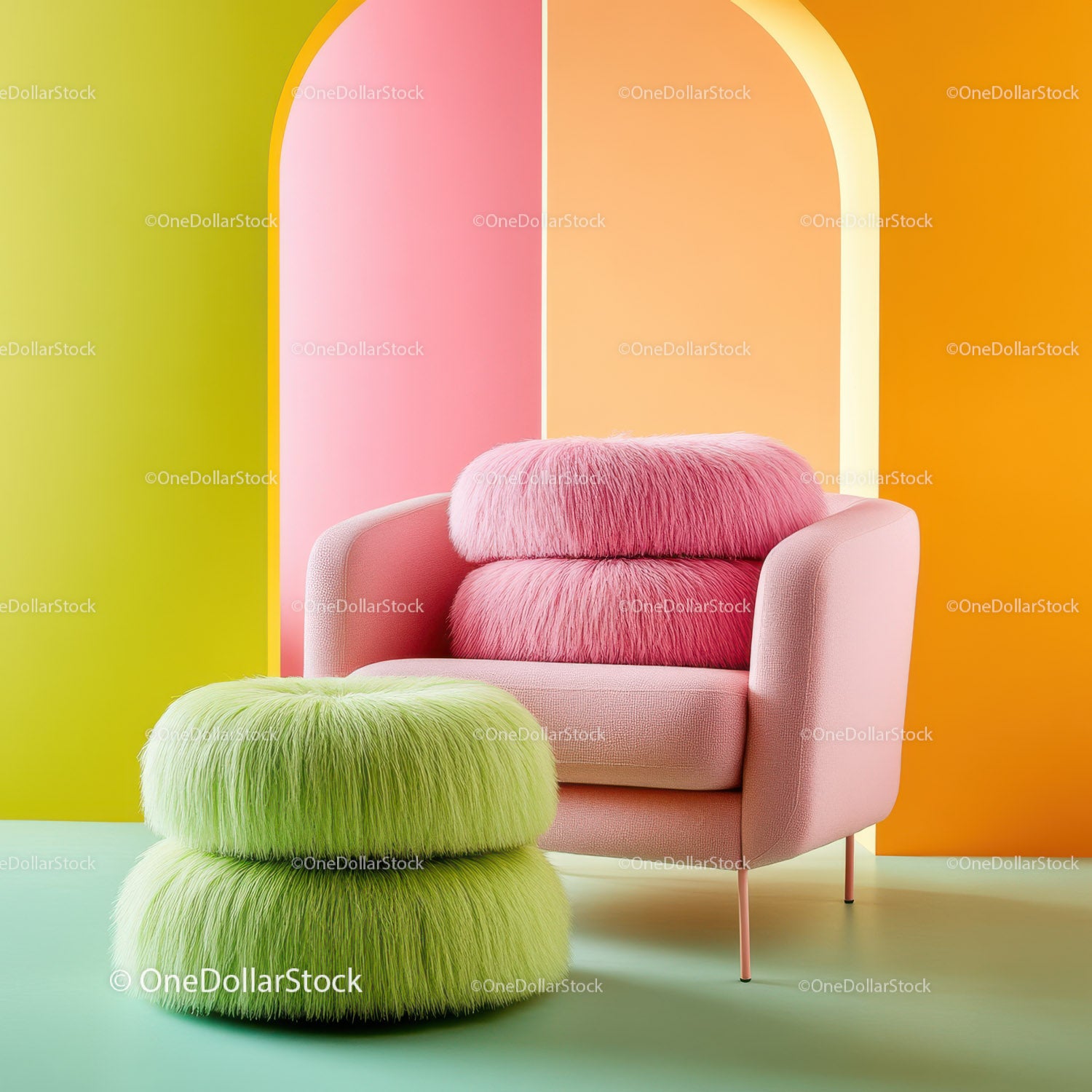 Bright Pink Armchair with Lime Green Cushion and Yellow Ottoman in Modern Living Room