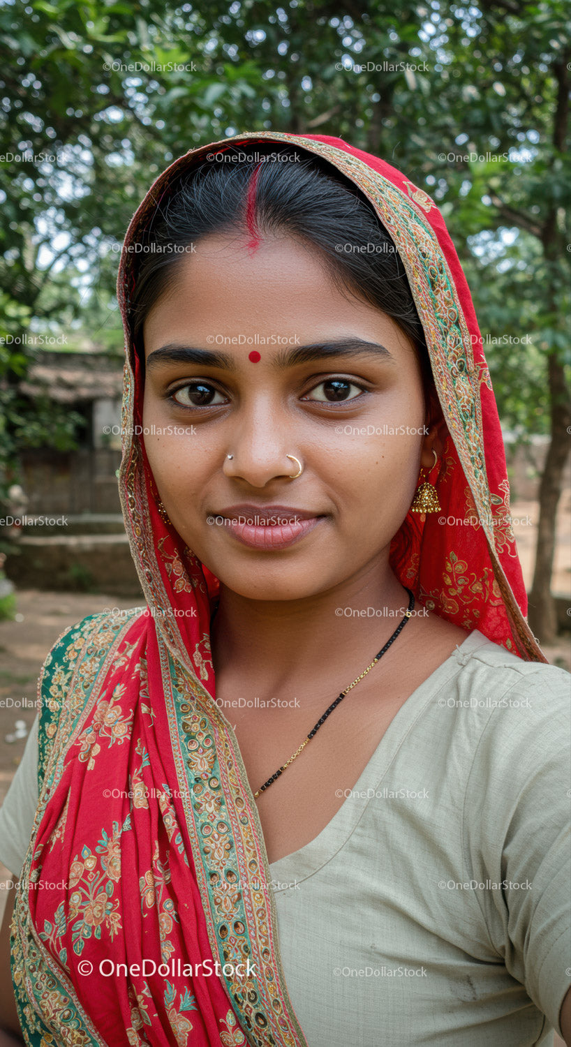 Young Indian Woman in Traditional Sari Taking Outdoor Selfie