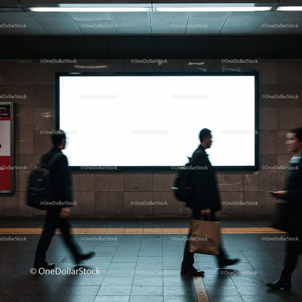 Blurred commuters walking past bright city billboard JPG Mockup Image