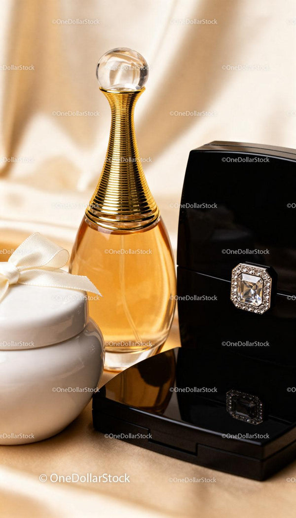 Elegant beauty products with golden perfume bottle
