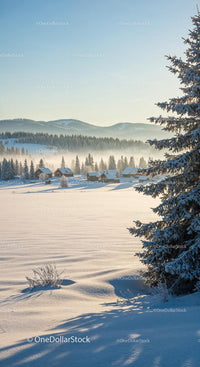 Snowy village nestled in serene winter mountain landscape