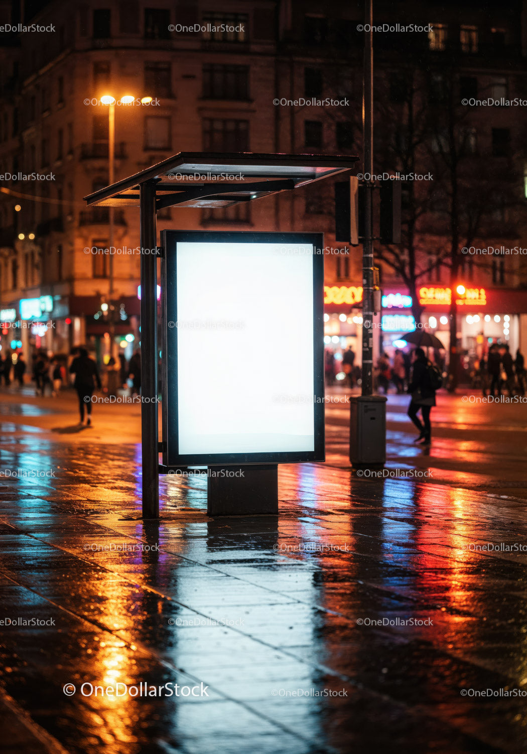 Night City Scene with Bright Billboard and Reflections on Rainy Streets