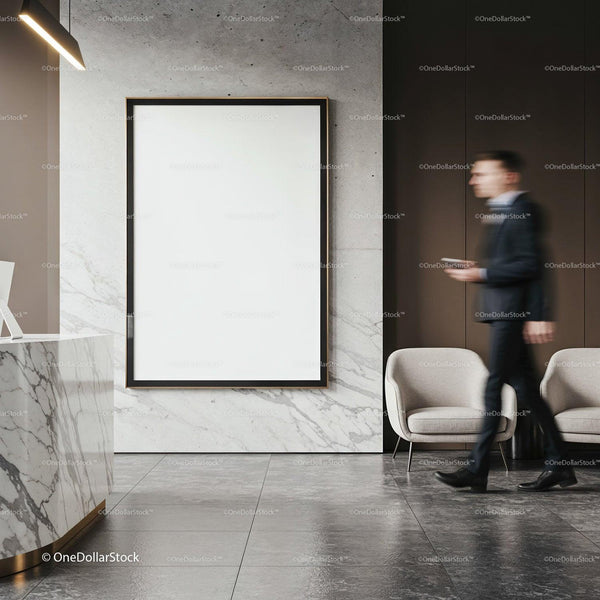 Modern office lobby with marble accents and blank poster JPG Mockup Image