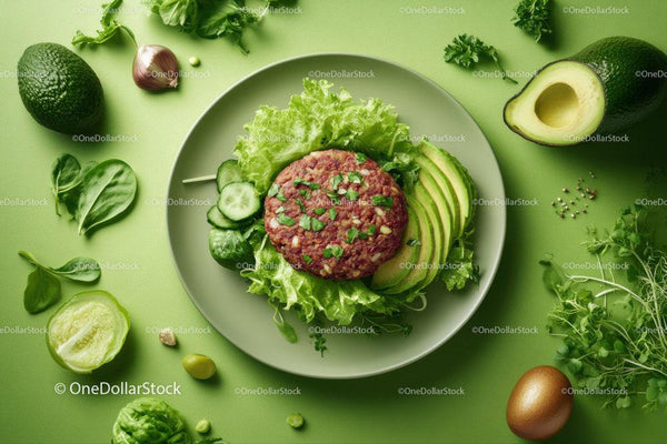 Vegetarian Veggie Patty with Fresh Avocado Cucumber Lettuce on Green Plate