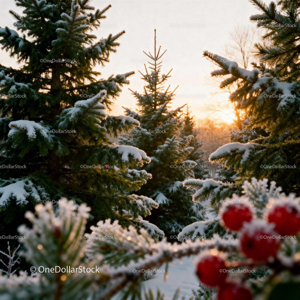 Snow-covered pine trees glowing in warm sunset light