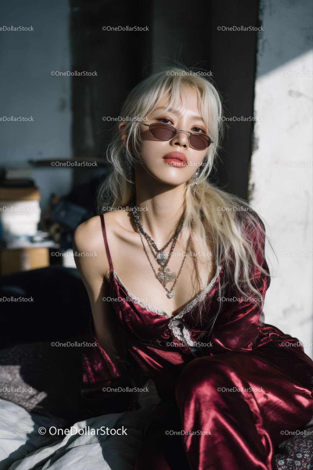 Stylish Woman Wearing Velvet Dress and Sunglasses in Fashion Portrait