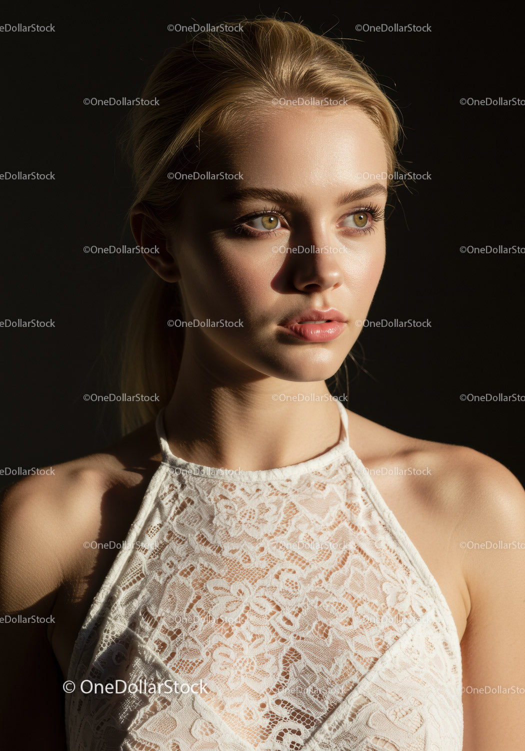 Elegant Young Woman with White Lace Dress in Soft Studio Lighting