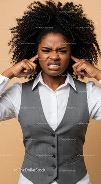 Frustrated Woman Covering Ears with Annoyed Expression