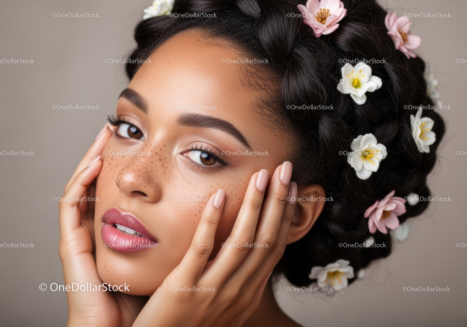 Elegant Woman with Freckles and Flower Hair Accessories