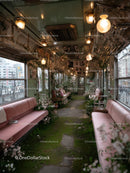Vintage Tram Interior with Pink Seats and Lush Greenery